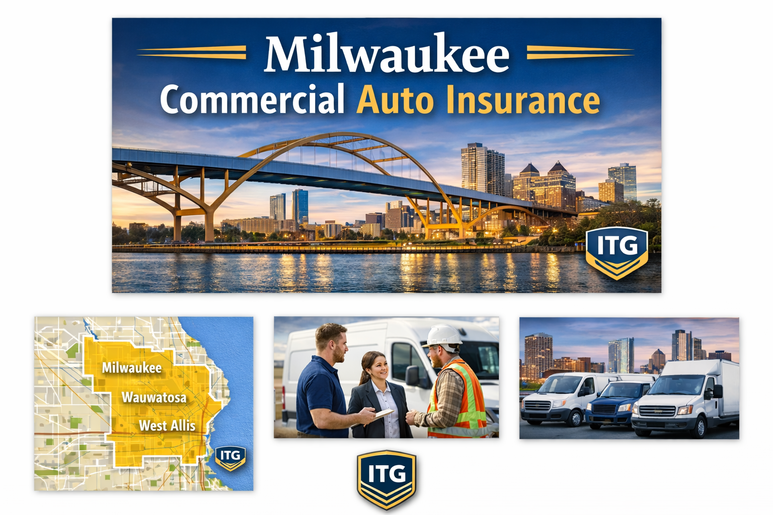 Milwaukee commercial insurance collage with skyline, contractors, fleets and hospitality businesses